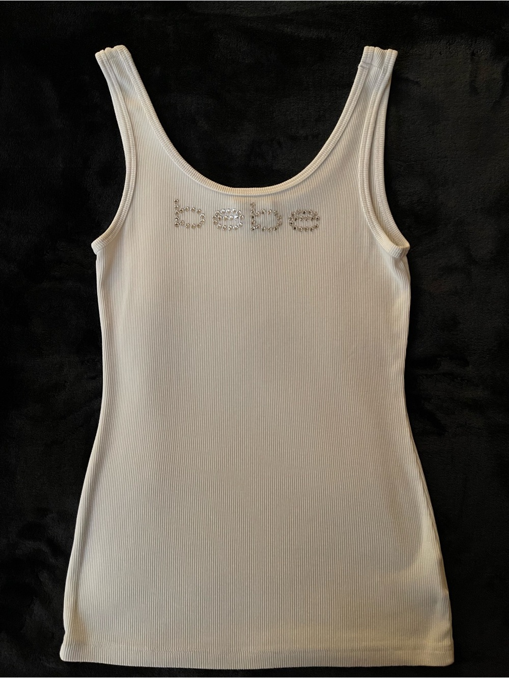 Bebe White Ribbed Tank with Raised Rhinestone Logo